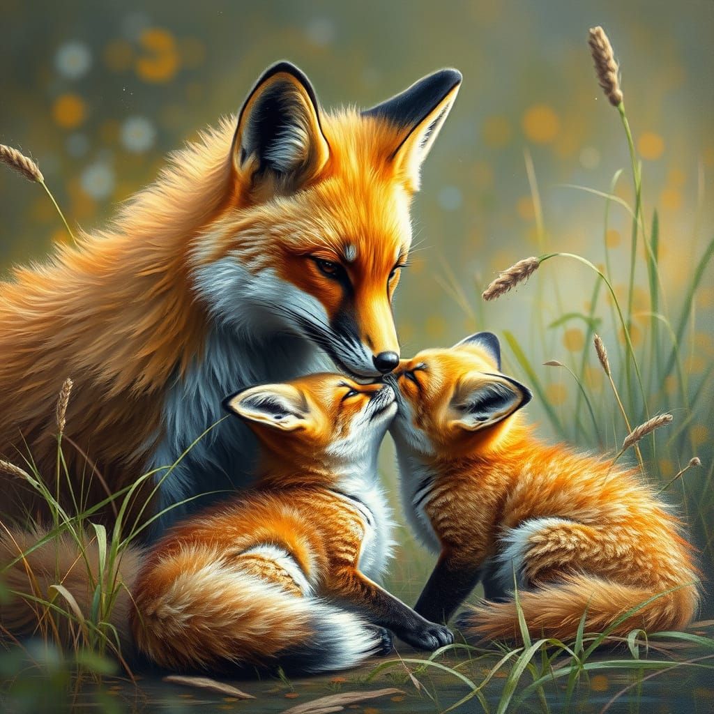 stunning fox mother and her cubs