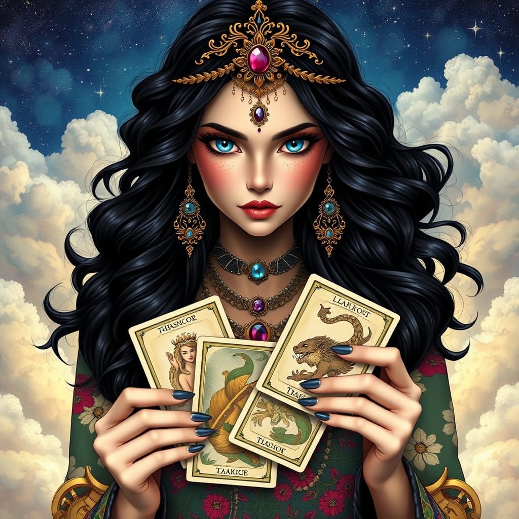 Mystical Woman in Enchanted Attire Holds Tarot Cards
