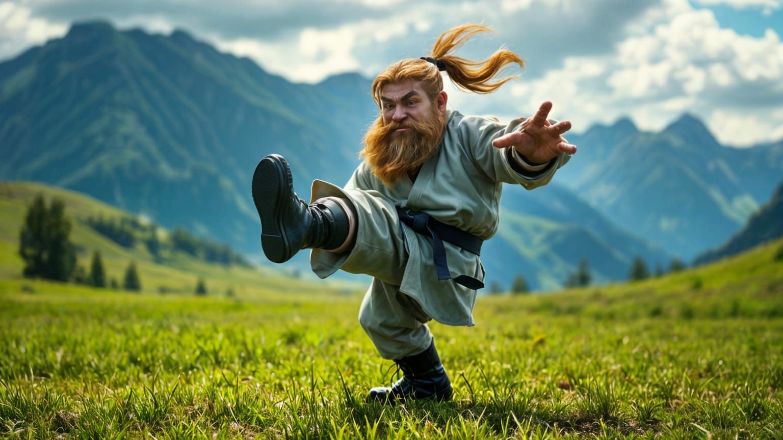 Dwarf Karate Master Kicks Troll in Field