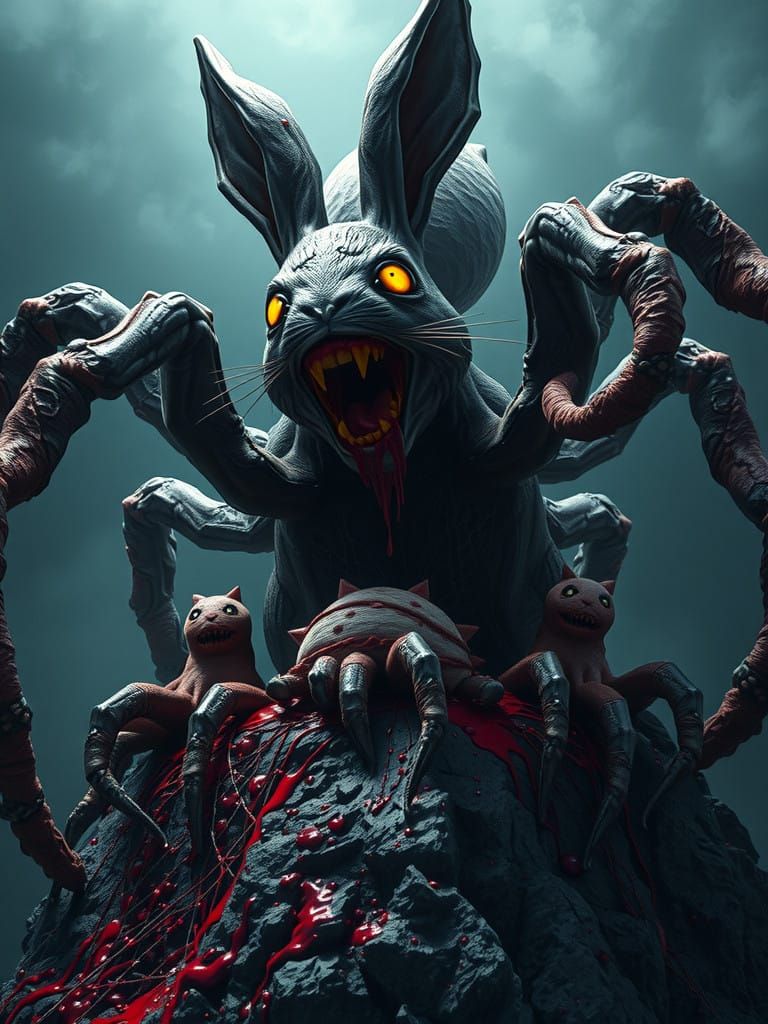 Giant, Dark Fantasy Rabbit with 5 Eyes and Tentacles, in a B...