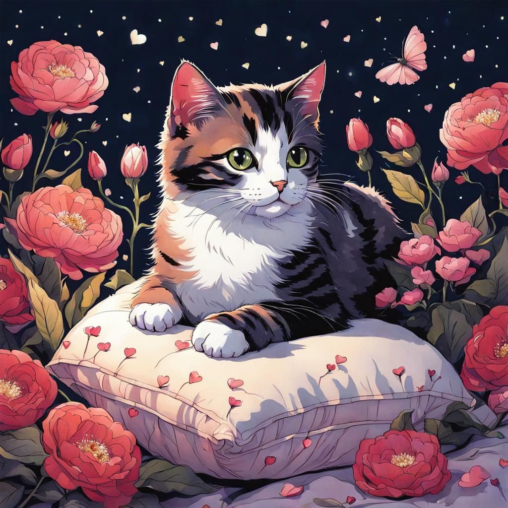 Cute Cat Surrounded by Flowers, Comic Book Style