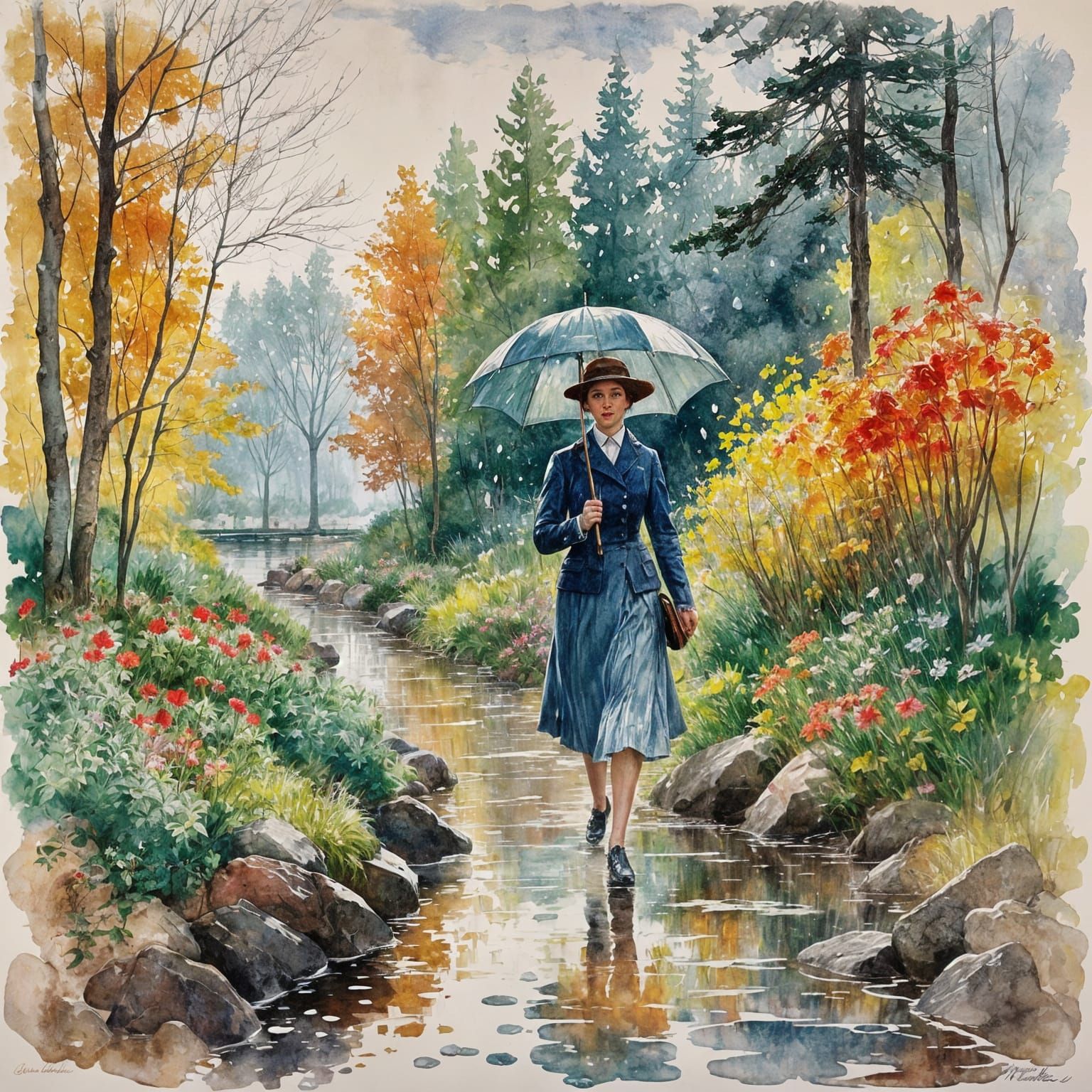 Rainy Morning Walk: Watercolor Impasto Painting