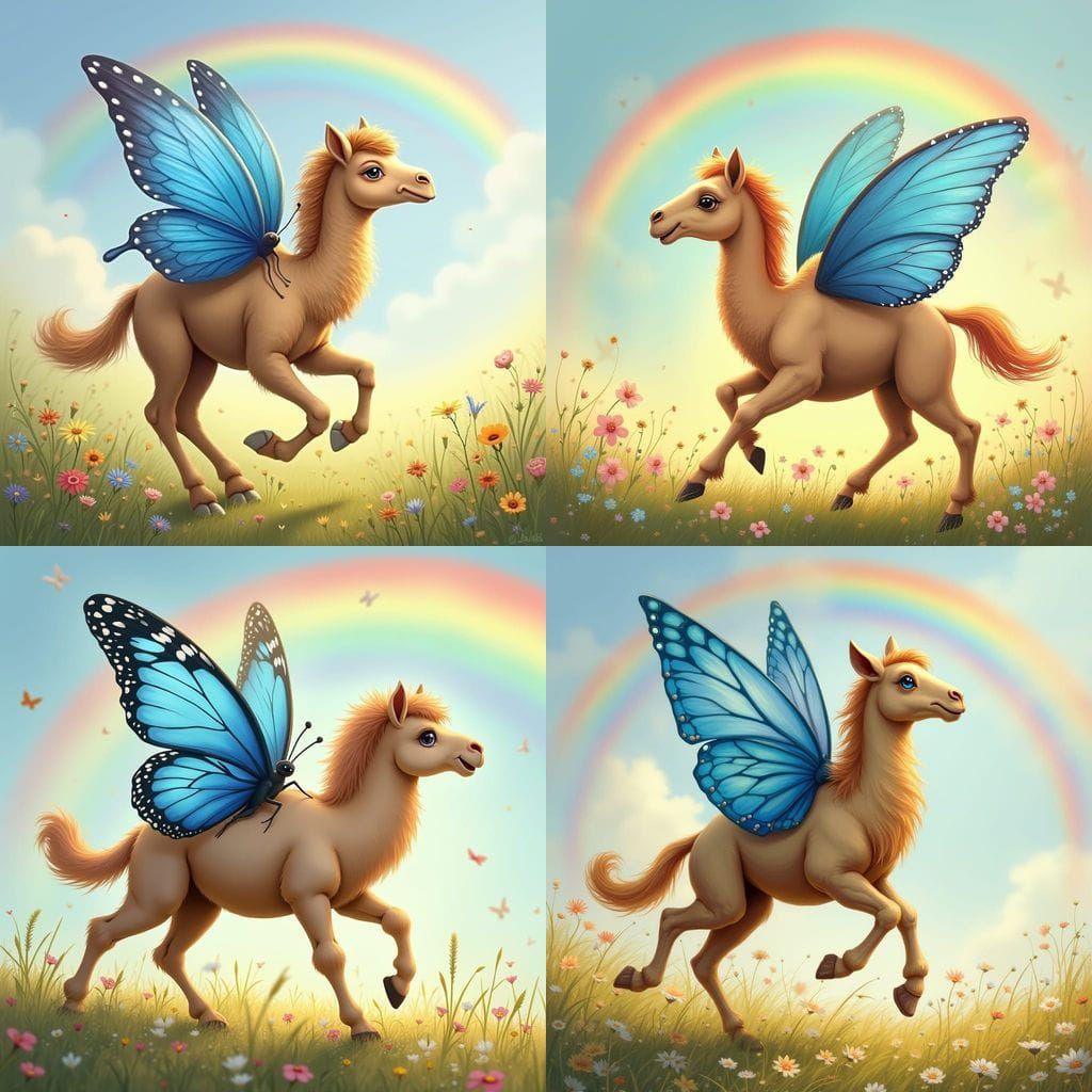 Fairy Camel Gallops Under Rainbow in Vibrant Meadow