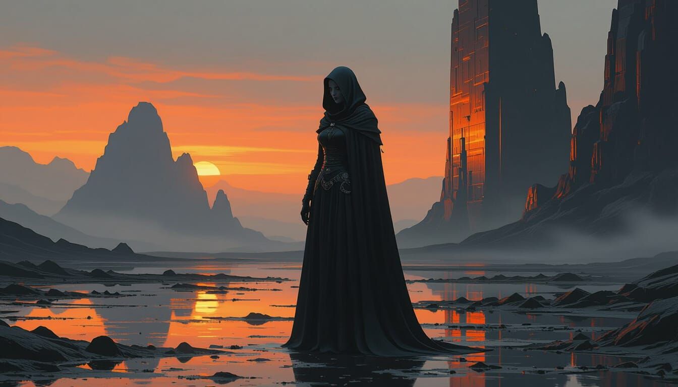 Elegant Drow in Dystopian Brutalist Landscape