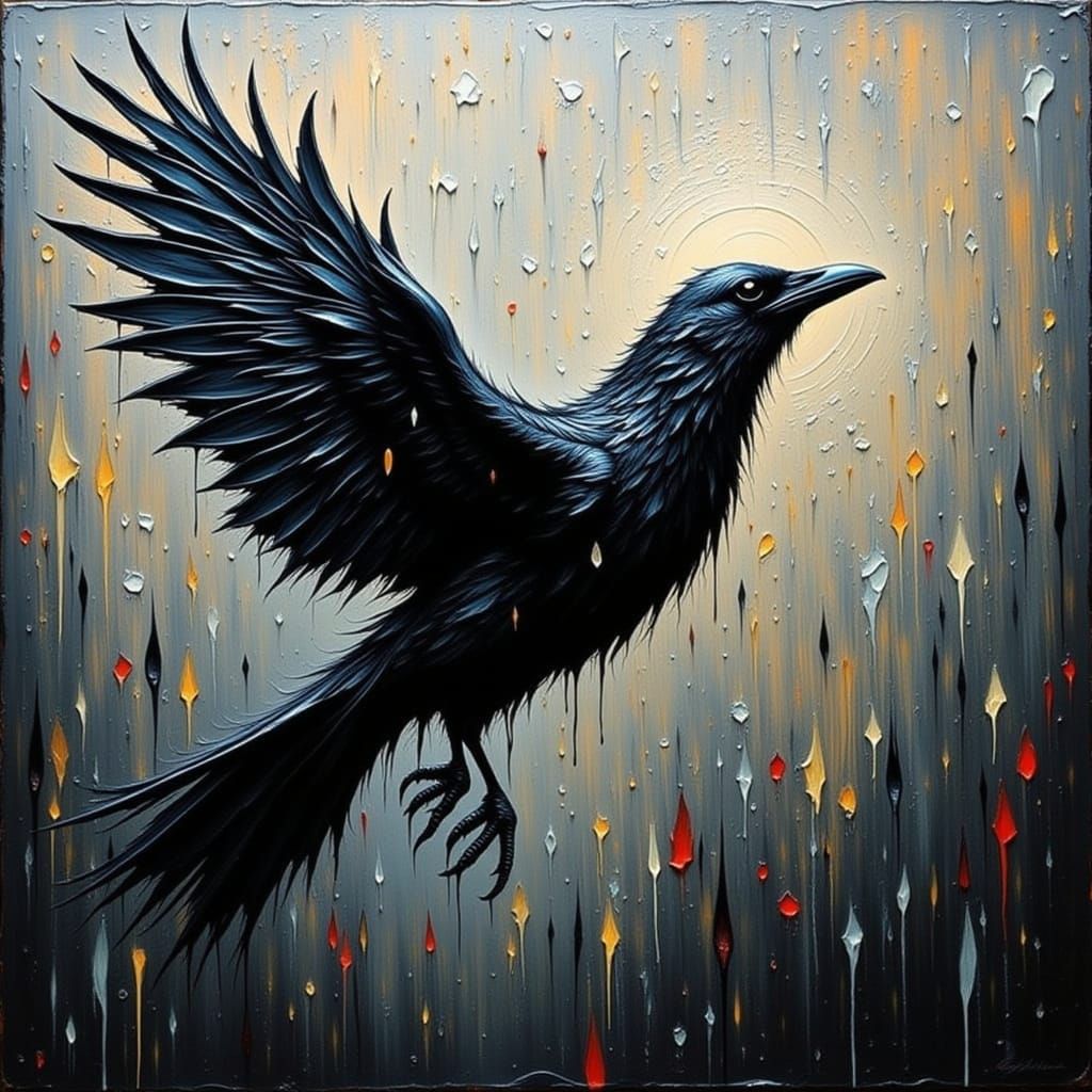 Impasto Crow Flying in Heavy Rain
