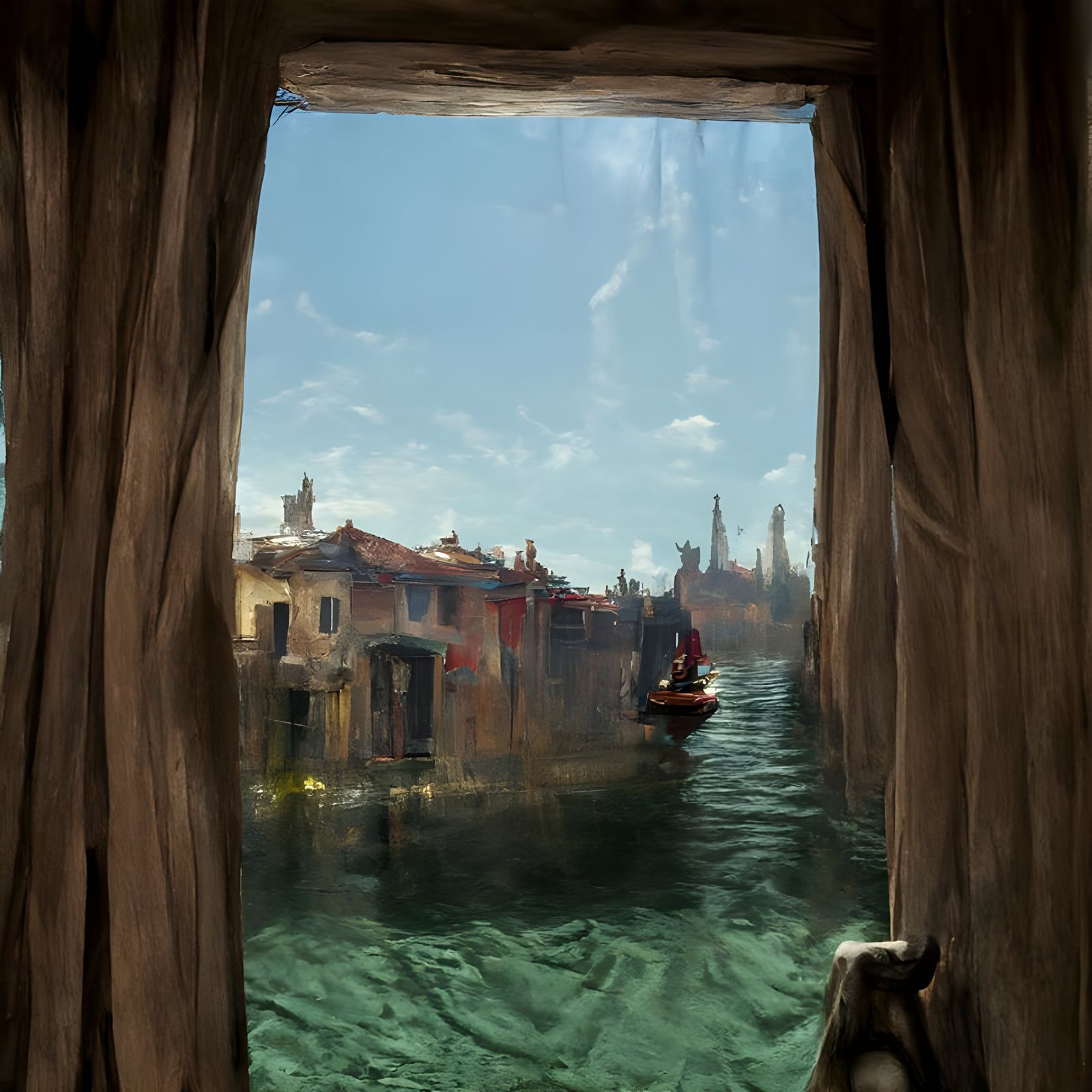 Venice Canals View Through Window, 3D Oil Painting