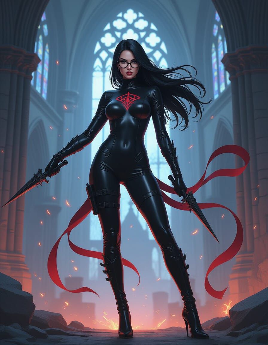 Futuristic Woman with Magic Glyphs and Devil Hands