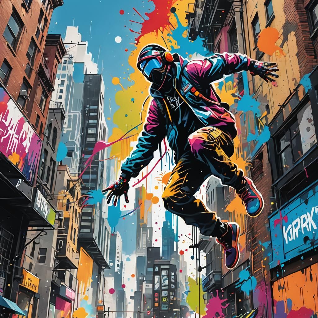 Vibrant Street Art Scene in Dynamic Stencil Style
