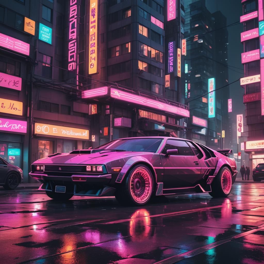 Cyberpunk Concept Car in Neon City Street