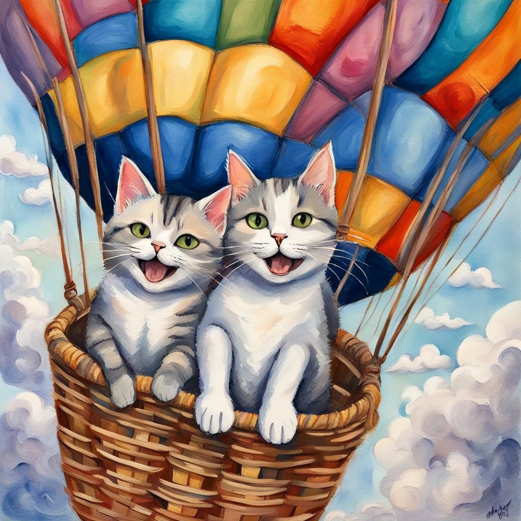 Cats' Joyful Hot Air Balloon Ride: Impressionist Gouache