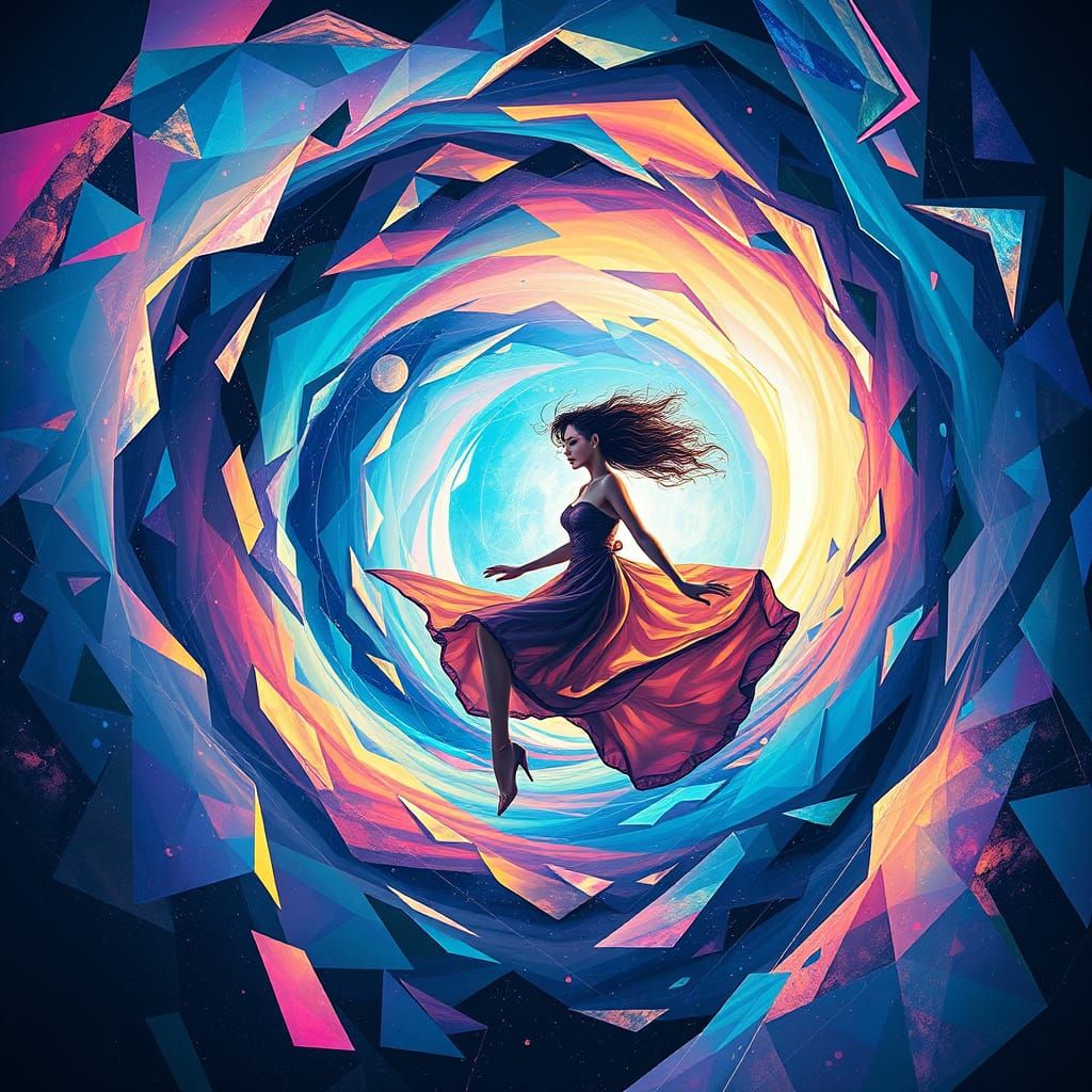 Dreamlike Woman Navigating Iridescent Wormhole