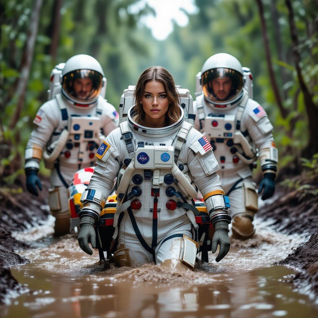 Astronaut Rescue from Muddy Swamp in Hyperrealistic Style