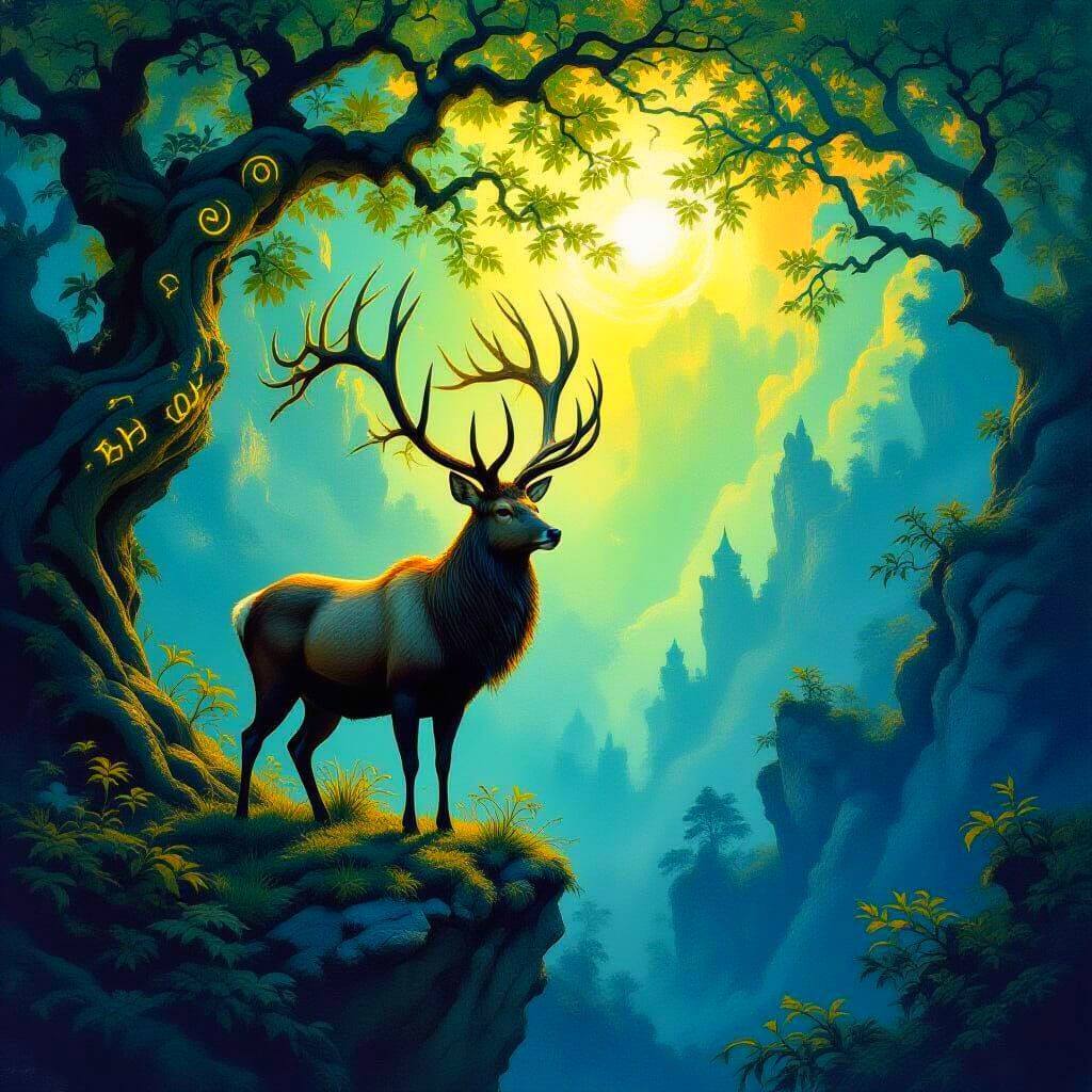 Majestic Stag in Mystical Forest with Celestial Vines