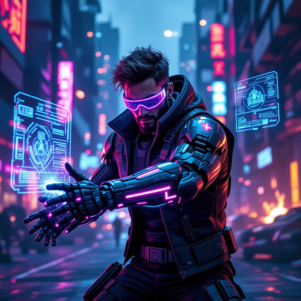 Heroic Tech Genius Hacks Energy Streams in Neon Battlefield