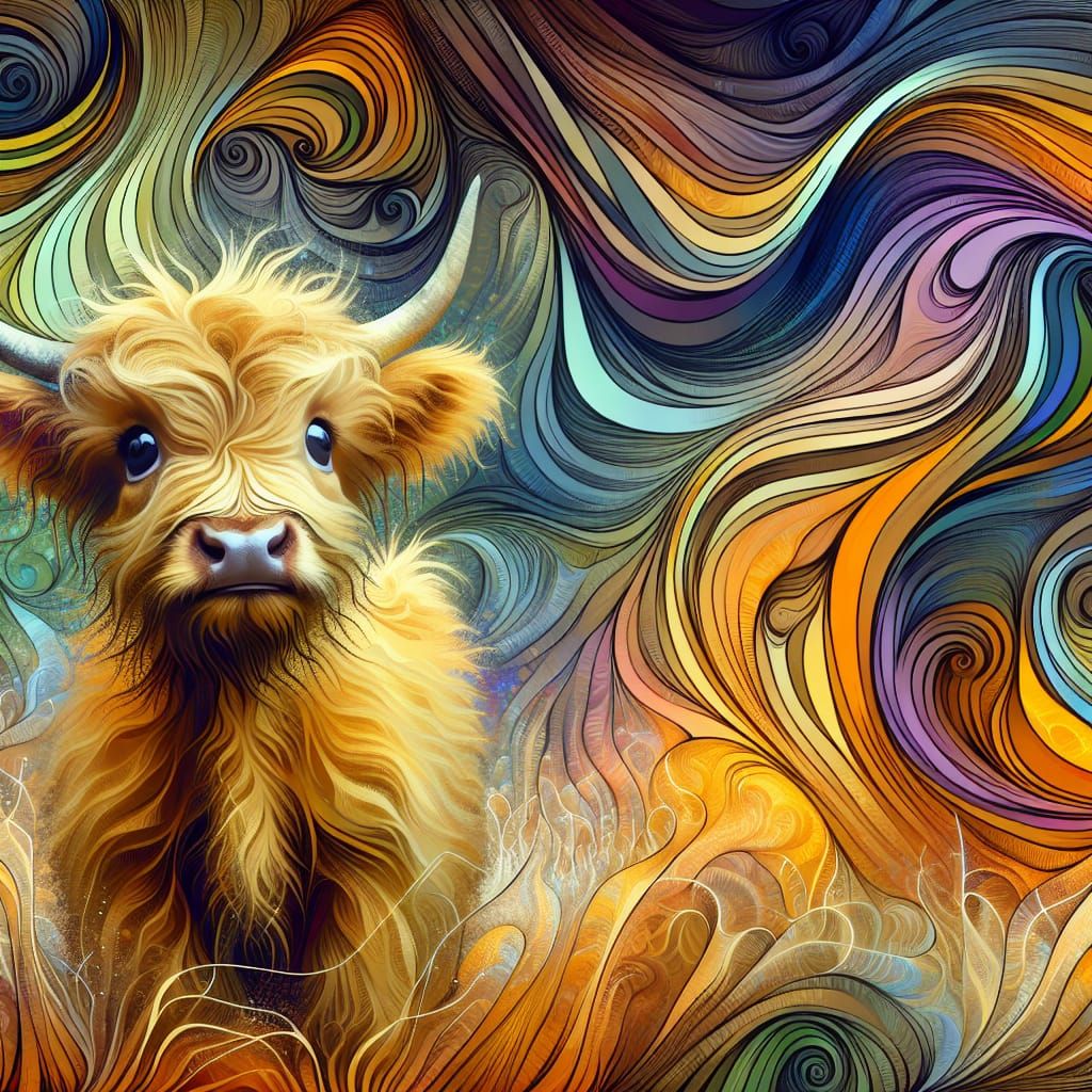 wide-eyed, scraggly-haired young highland cow - 0 like