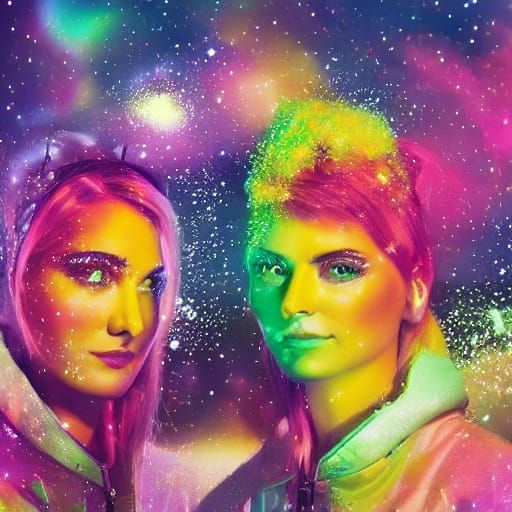 Romantic German Astronauts Embracing in Vibrant Space