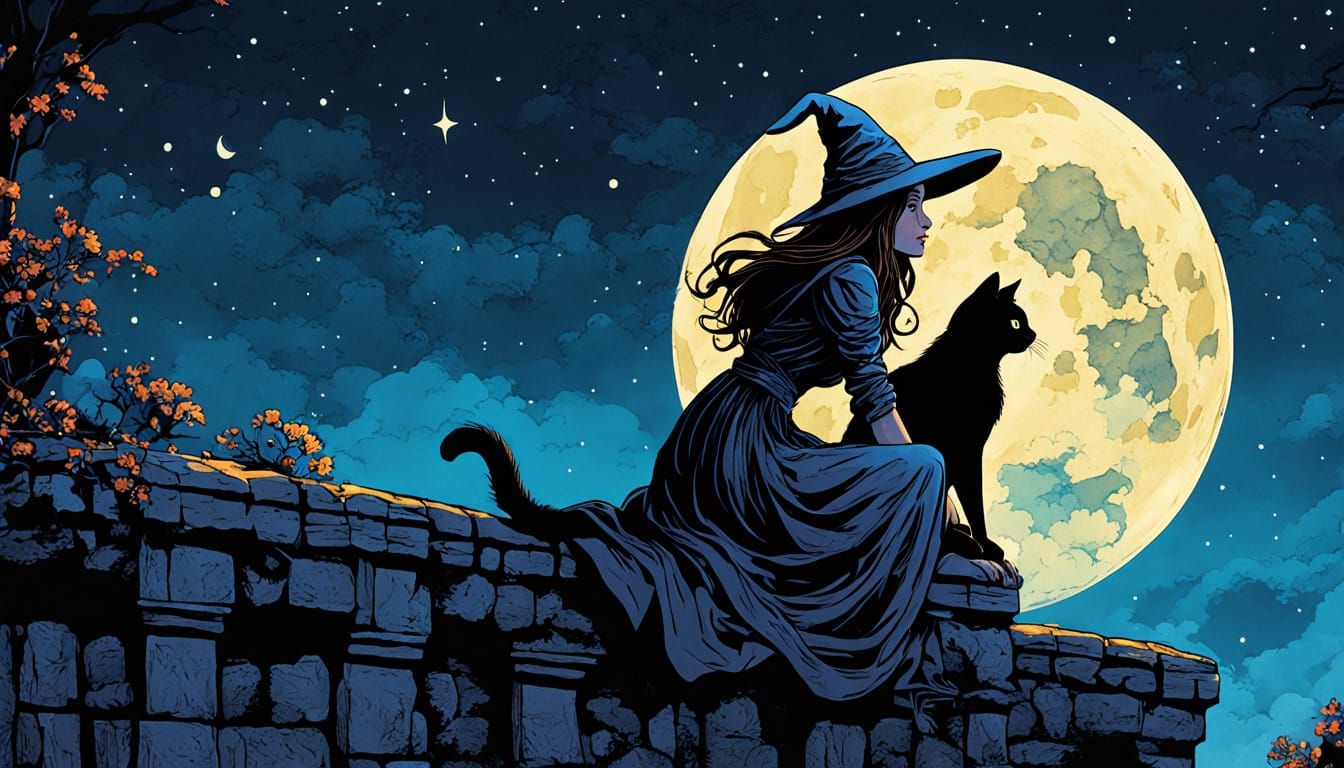 Witch and Cat Gazing at Stars in Comic Art