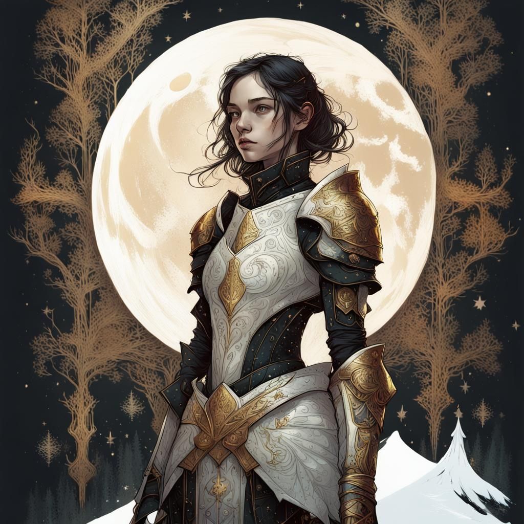 Girl Knight in Black Armor Under Moonlight