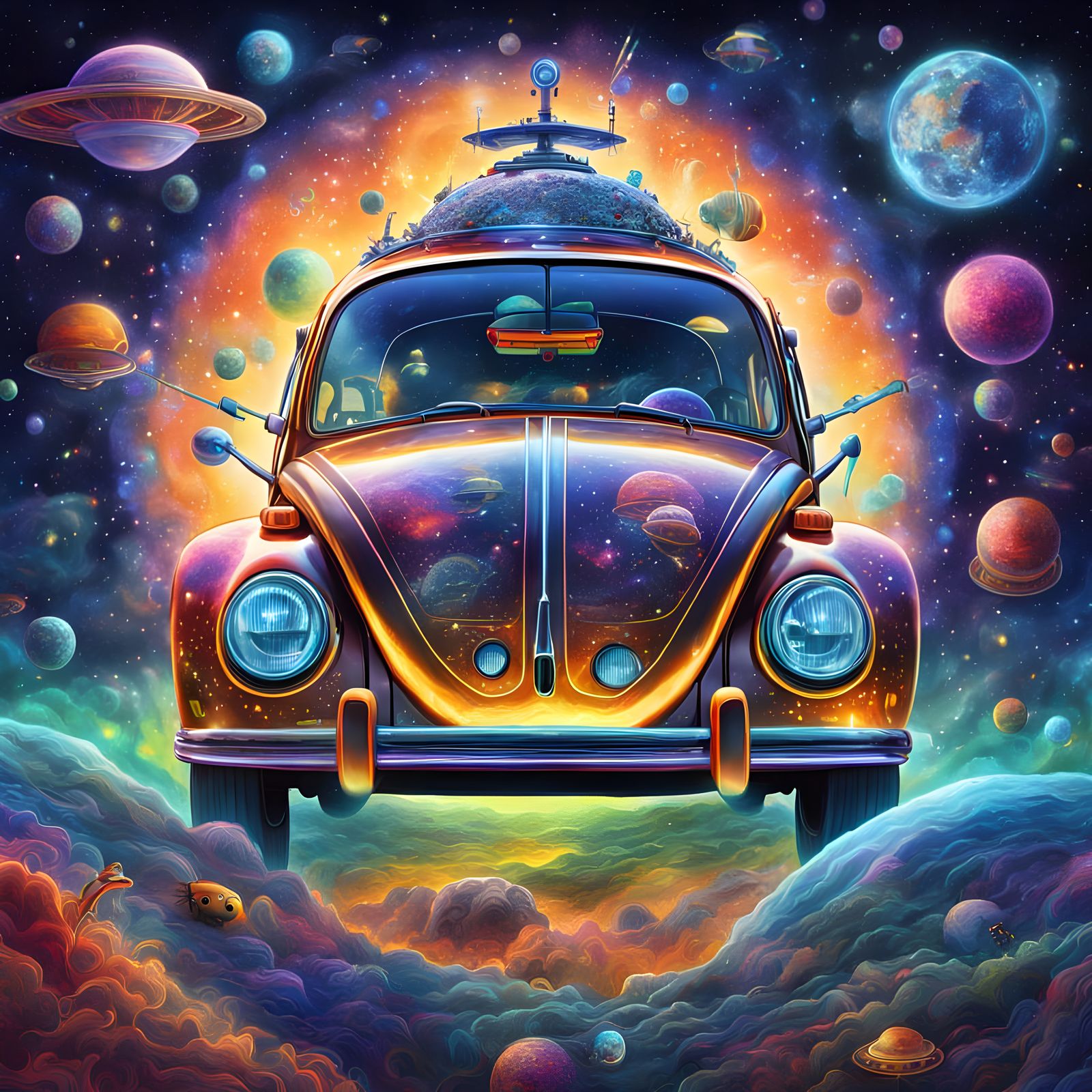 Beetle Spaceship Visits Earth: Surreal Cosmic Illustration