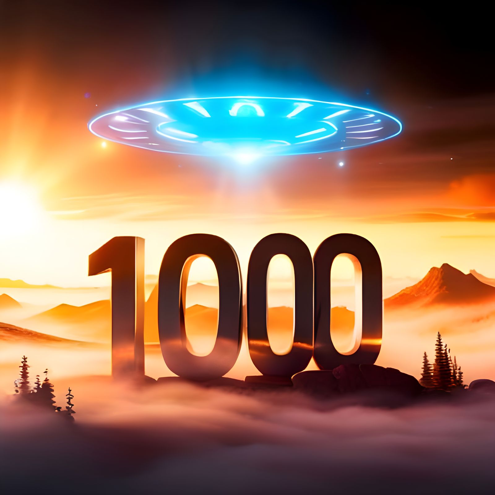 UFO Hovers Over "1000" in Cinematic 3D