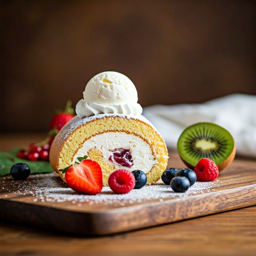 Fruit and Ice Cream Roll Cake Illustration