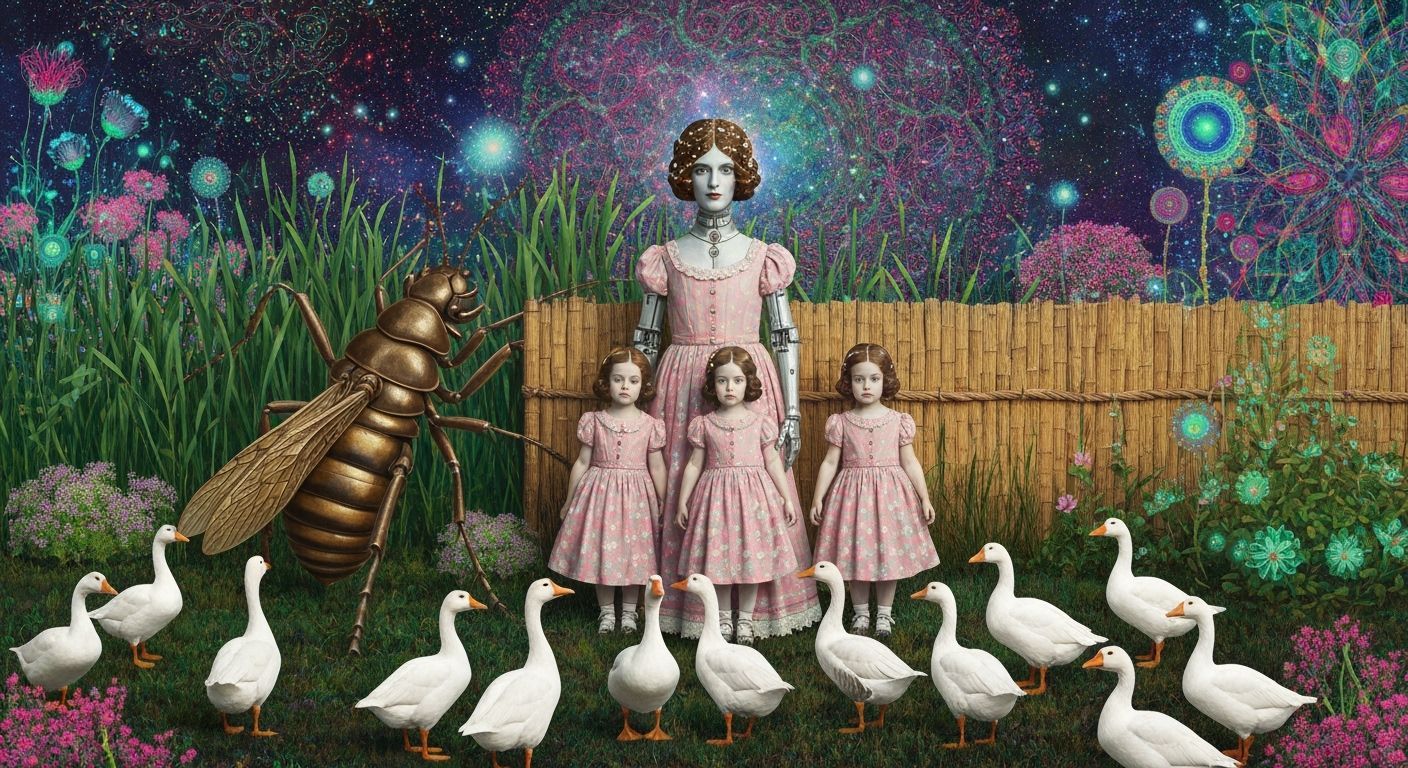 Folkloric Robot and Geese in Surreal Eco-Art Garden