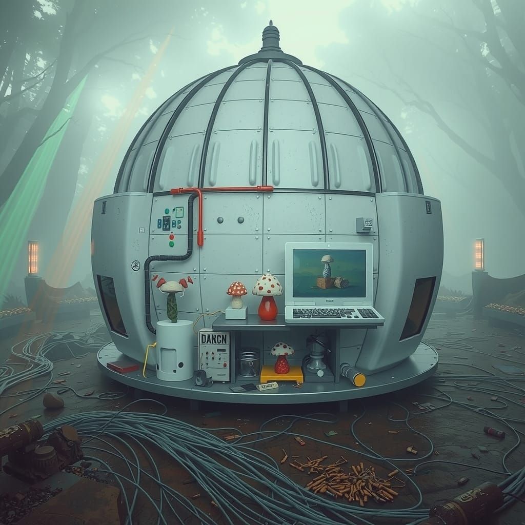 Hyperreal Mushroom Bungalow with Computer Workstation