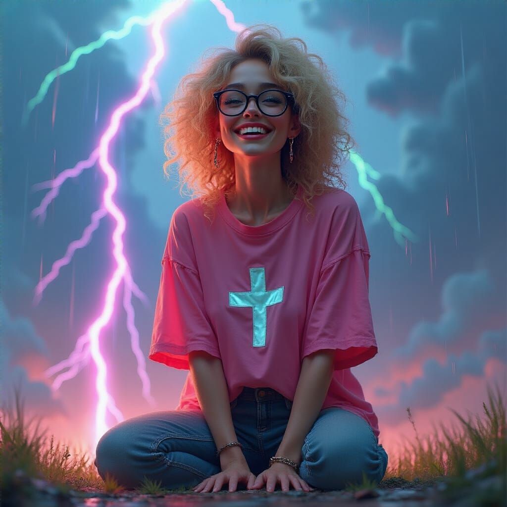 Woman Smiling Amidst Multicolored Lightning Storm