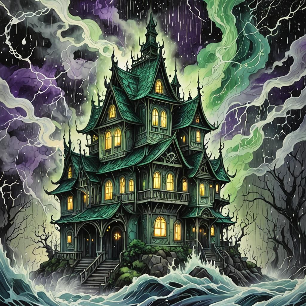 Dark Fantasy Anime Haunted House in Ink Wash Style