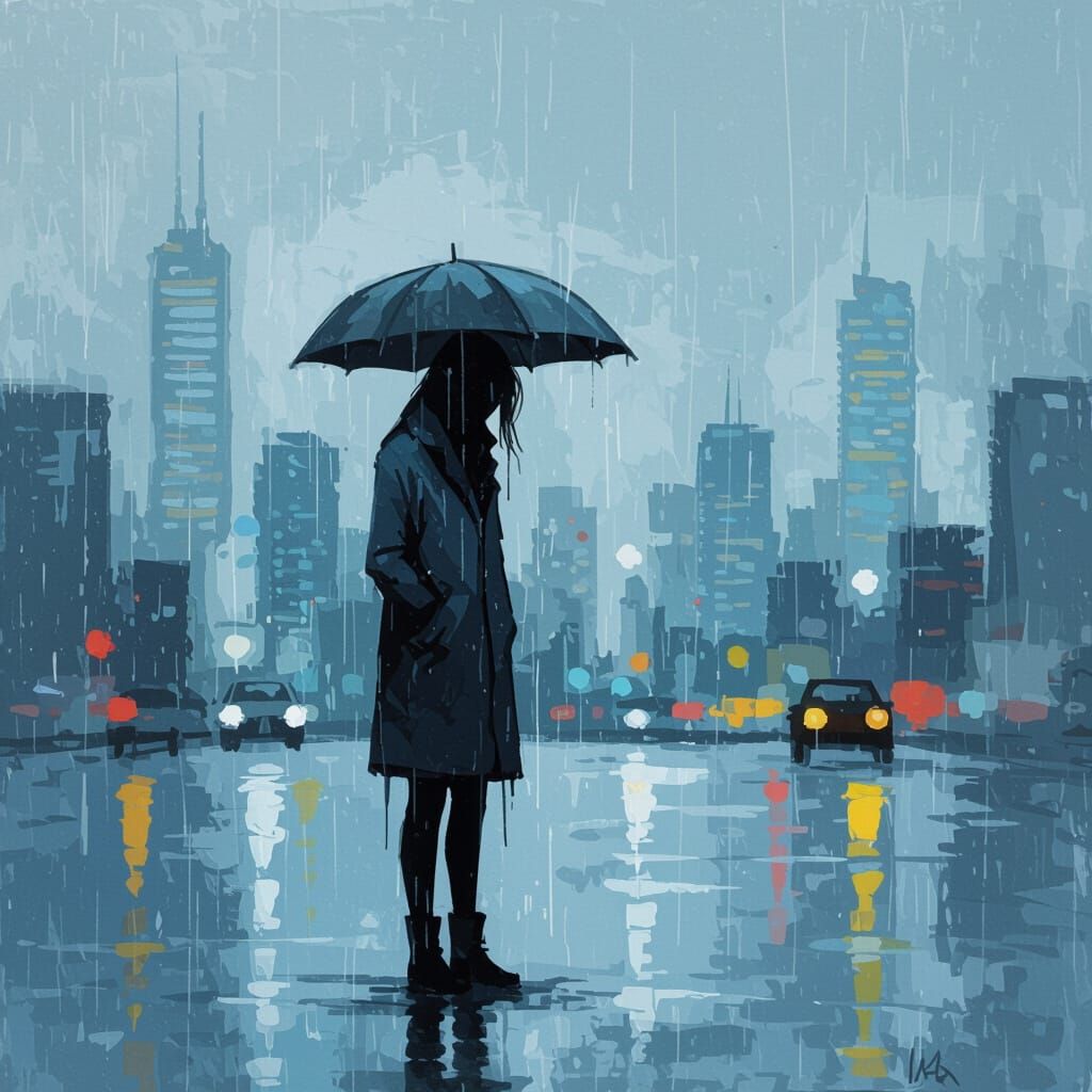 Miserable Woman in Rain Amidst Cityscape, Abstract Style