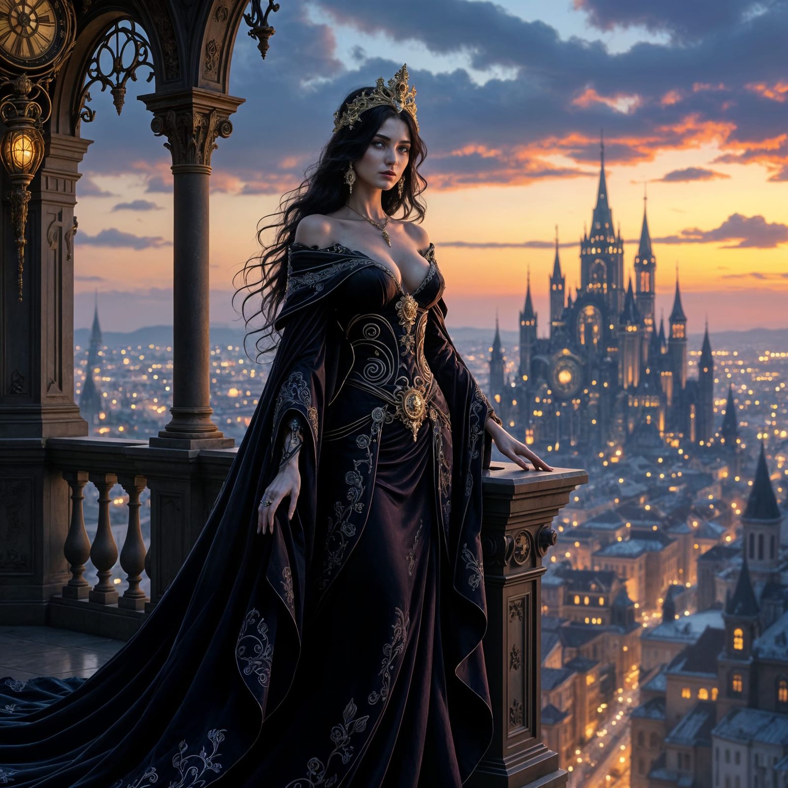 Vampire Queen in Steampunk City, Art Nouveau Style