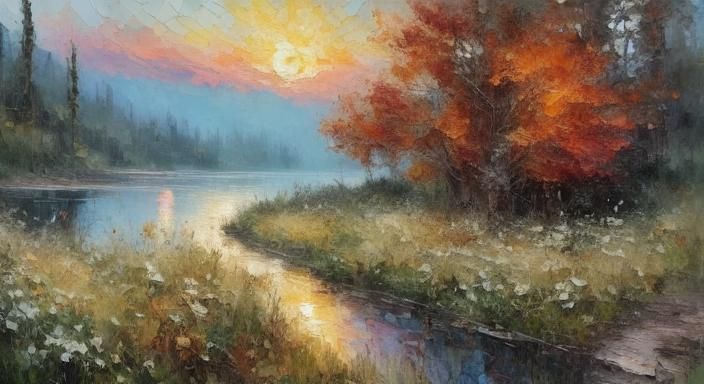 Impressionist Sunrise Over Mountain Lake in Oil