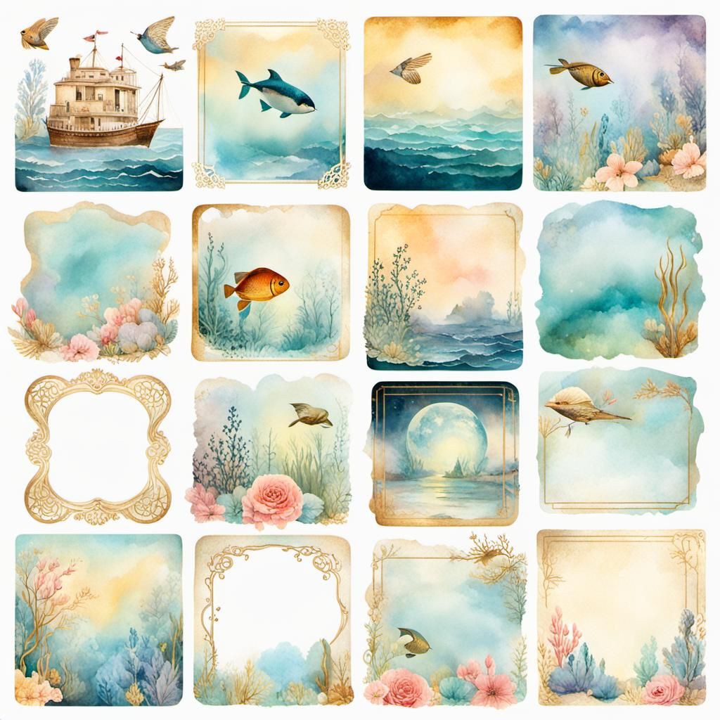 Pastel Underwater World Vintage Journal Cards