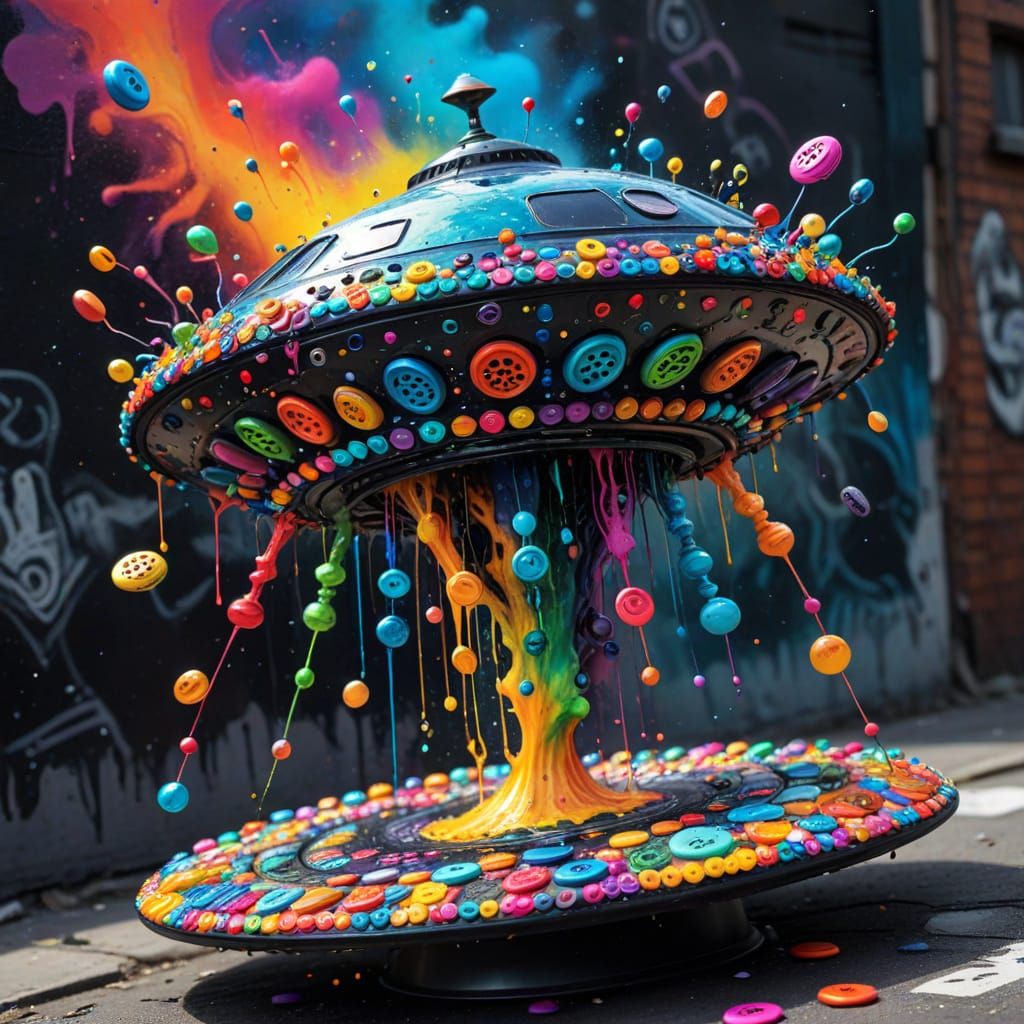 Button-Crafted Alien Saucer Scene in Graffiti Art Style