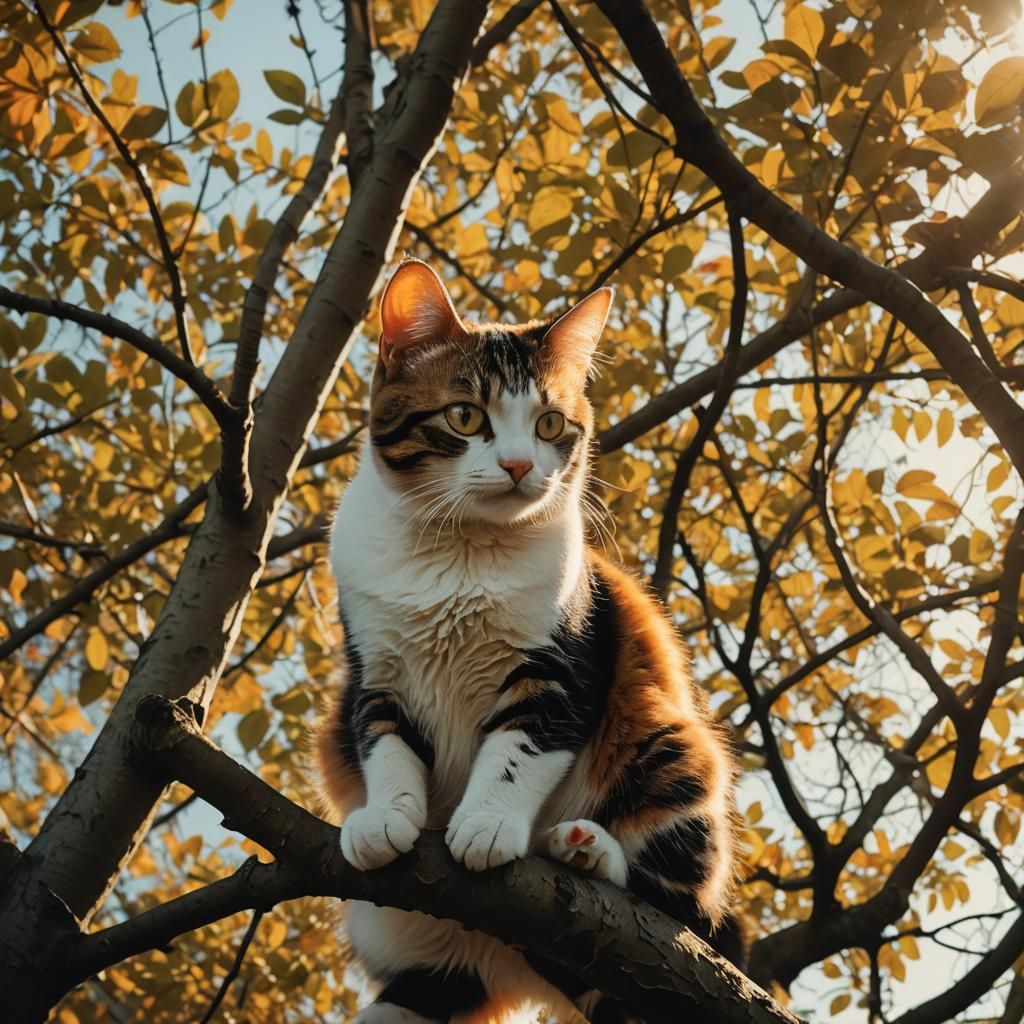 Cat on Branch in Natural Light, Film Aesthetic