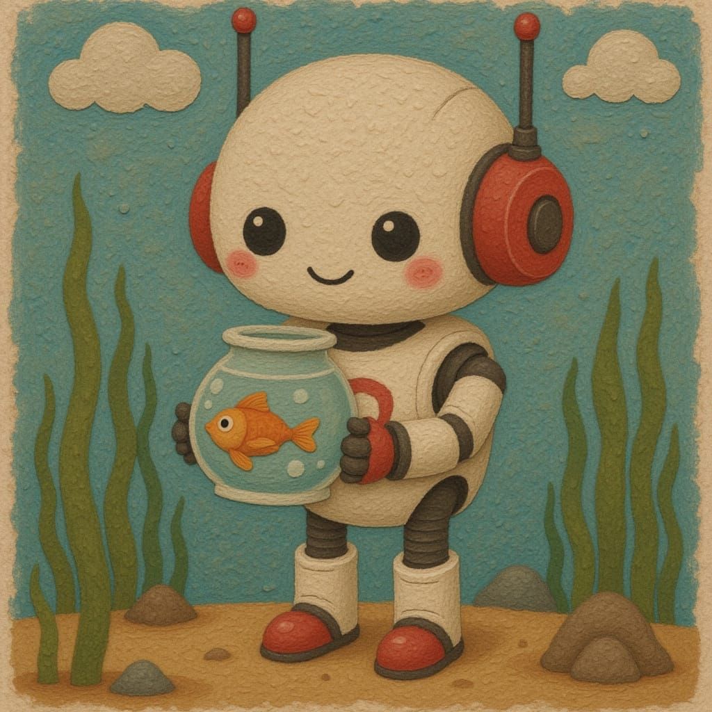 Cute Robot Holding Fishbowl, Digital Art