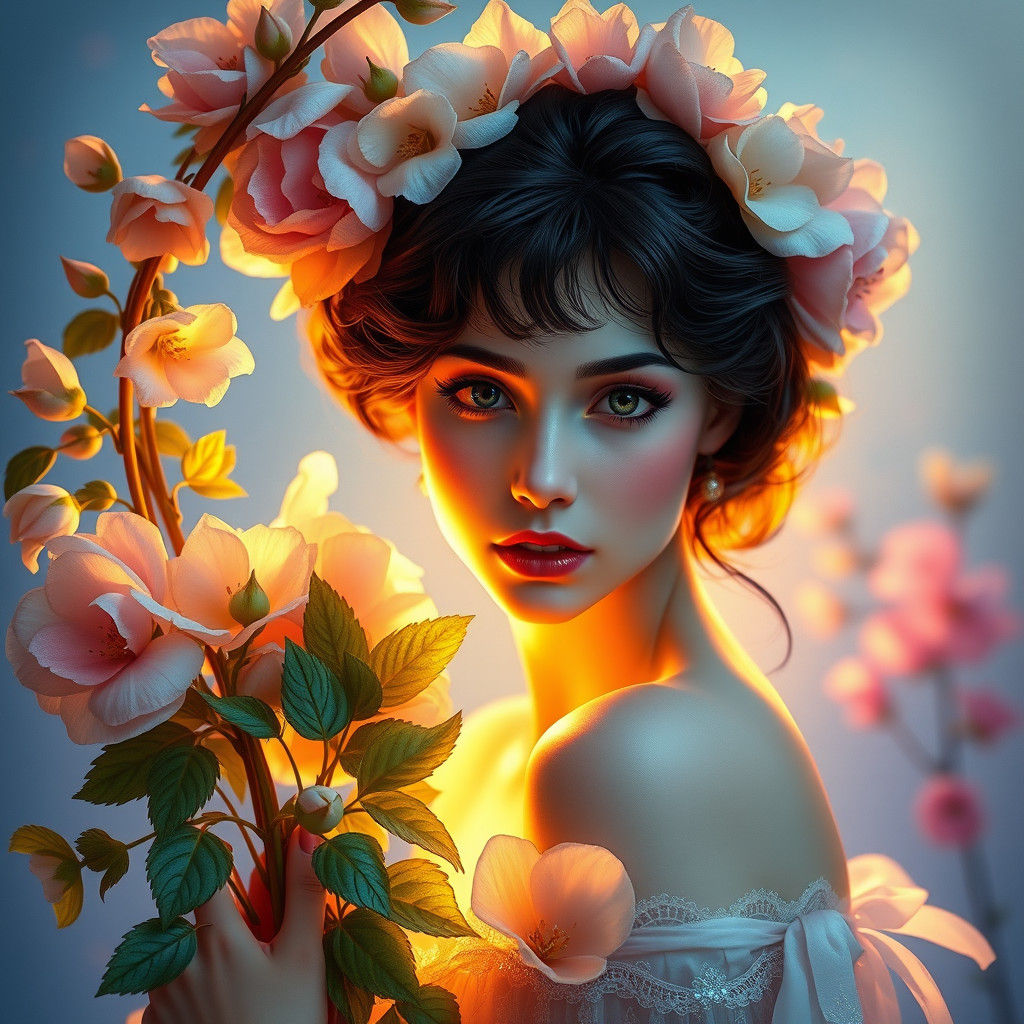 Ethereal Flower Girl Portrait in Art Nouveau Style