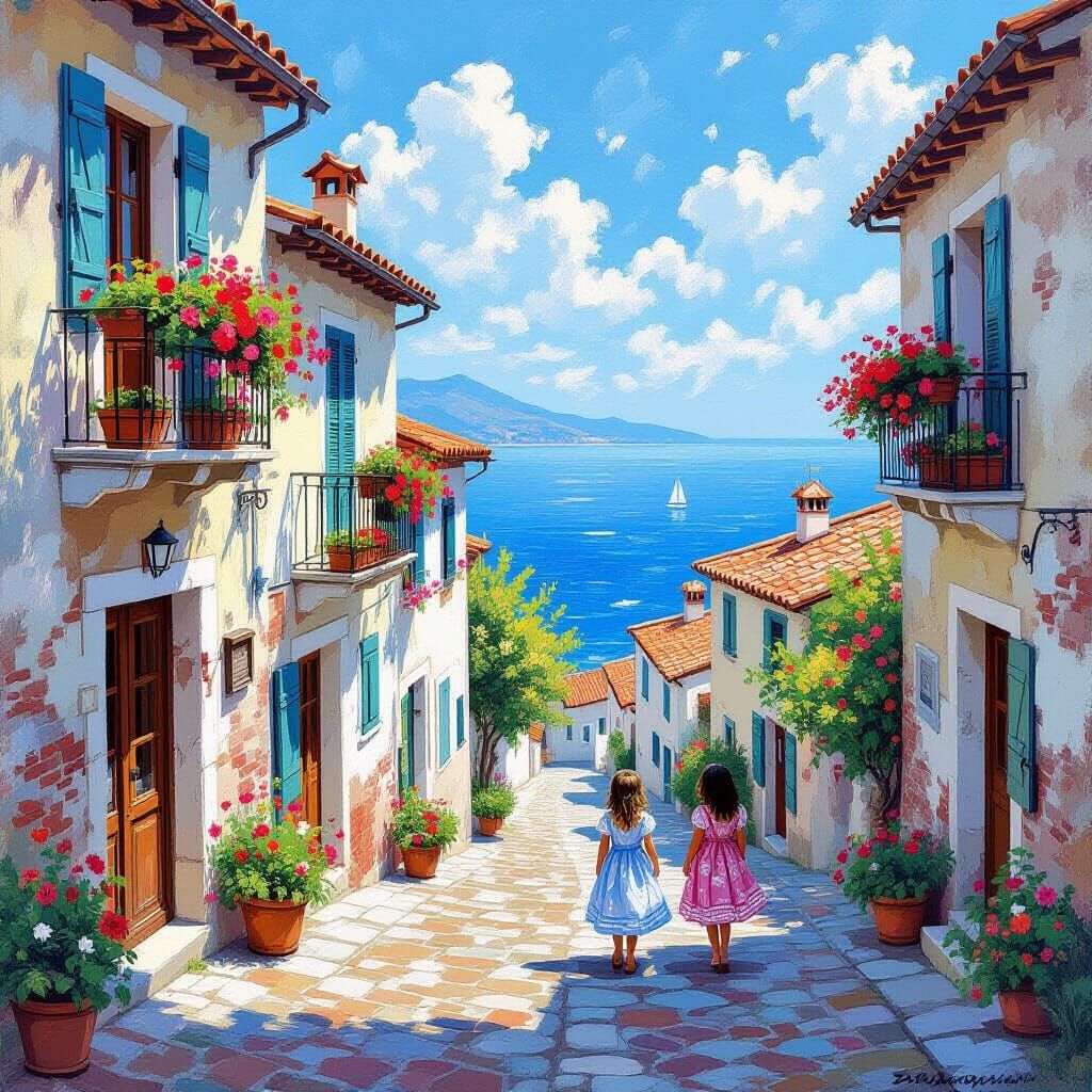 Italian Town Square With Ocean View and Flower Balconies