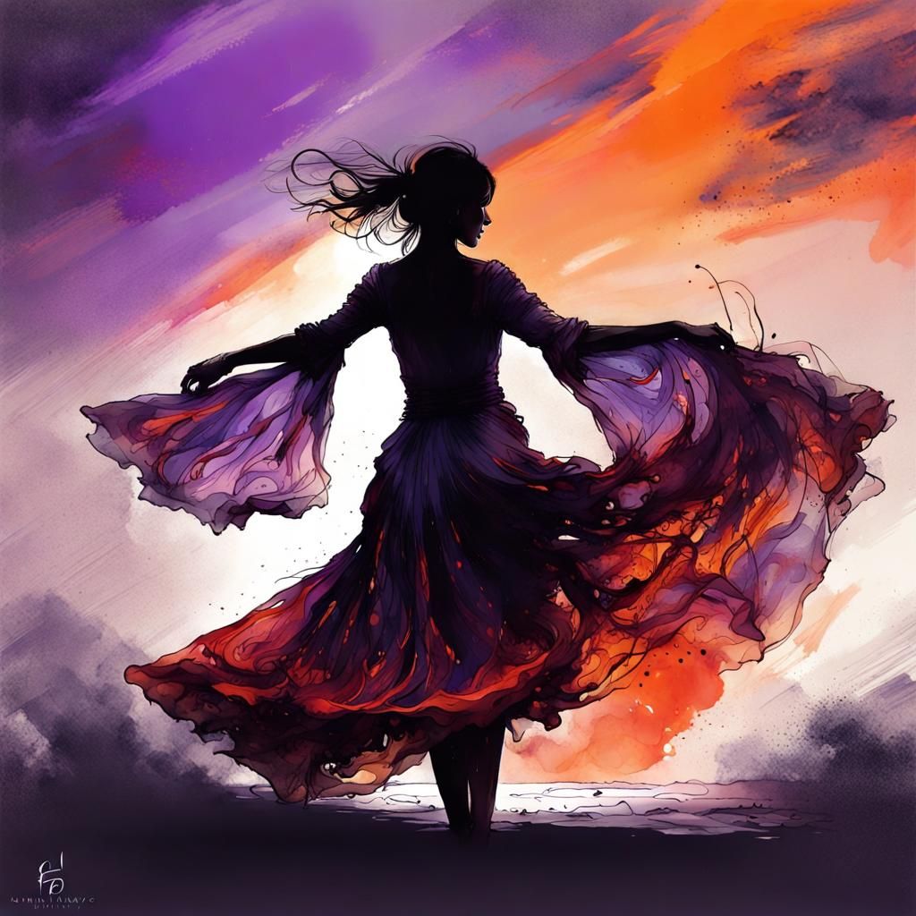 Silhouette of Woman Dancing at Sunset