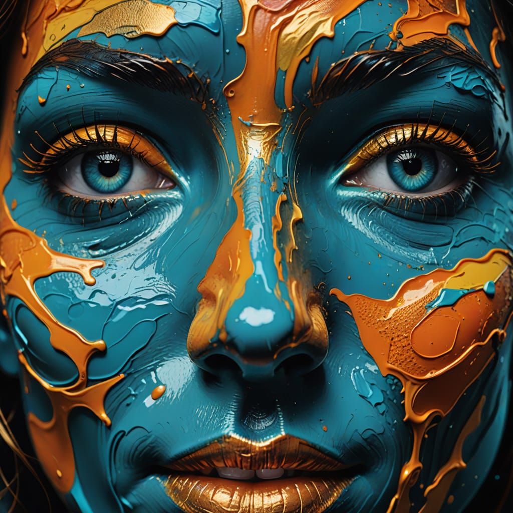 Abstract Expressionist Woman with Blue and Orange Paint