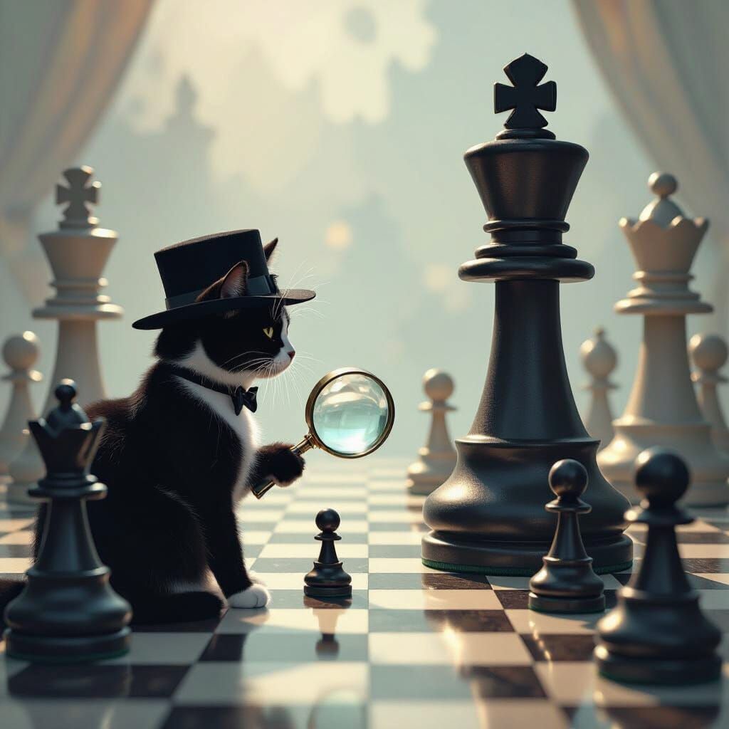 Detective Cat Investigates Giant Chessboard in Surreal Realm