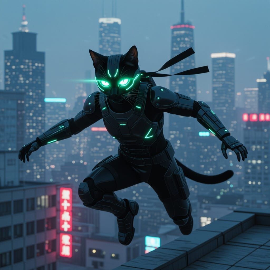 Cyborg Ninja Cat Leaps Across Futuristic Metropolis