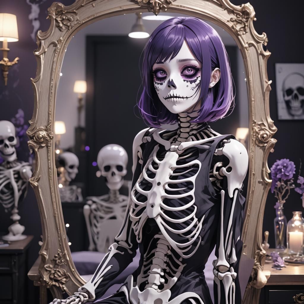 Anime Girl in Skeleton Costume with Shocked Expression