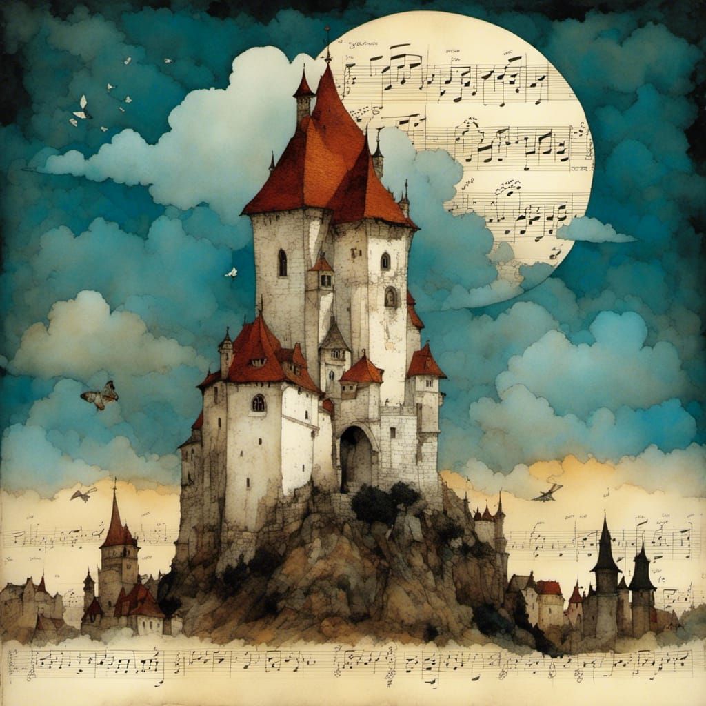 Medieval Village Scene in Whimsical Collage Style