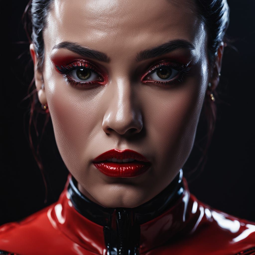 Hyperrealistic Woman in Intricate Red Latex Portrait