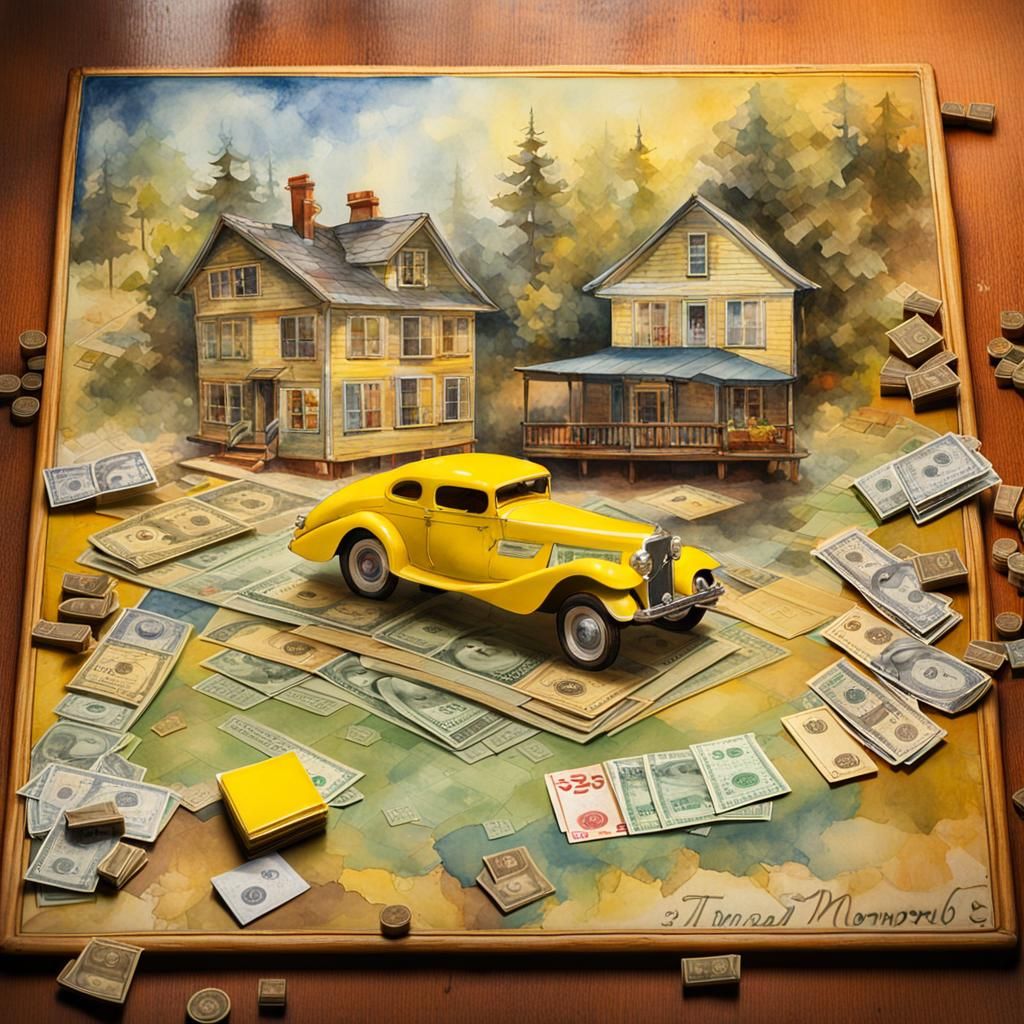 Monopoly Board Game in Watercolor Double Exposure