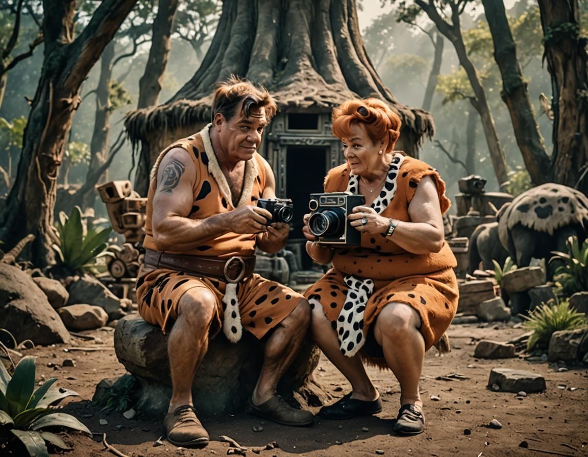 A prehistoric Polaroid Instant Camera, Fred Flintstone is taking a picture of Wilma Flintstone