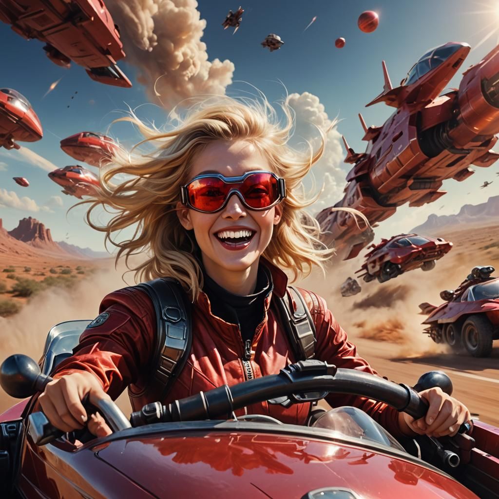 Woman in Red Goggles Driving Land Speeder