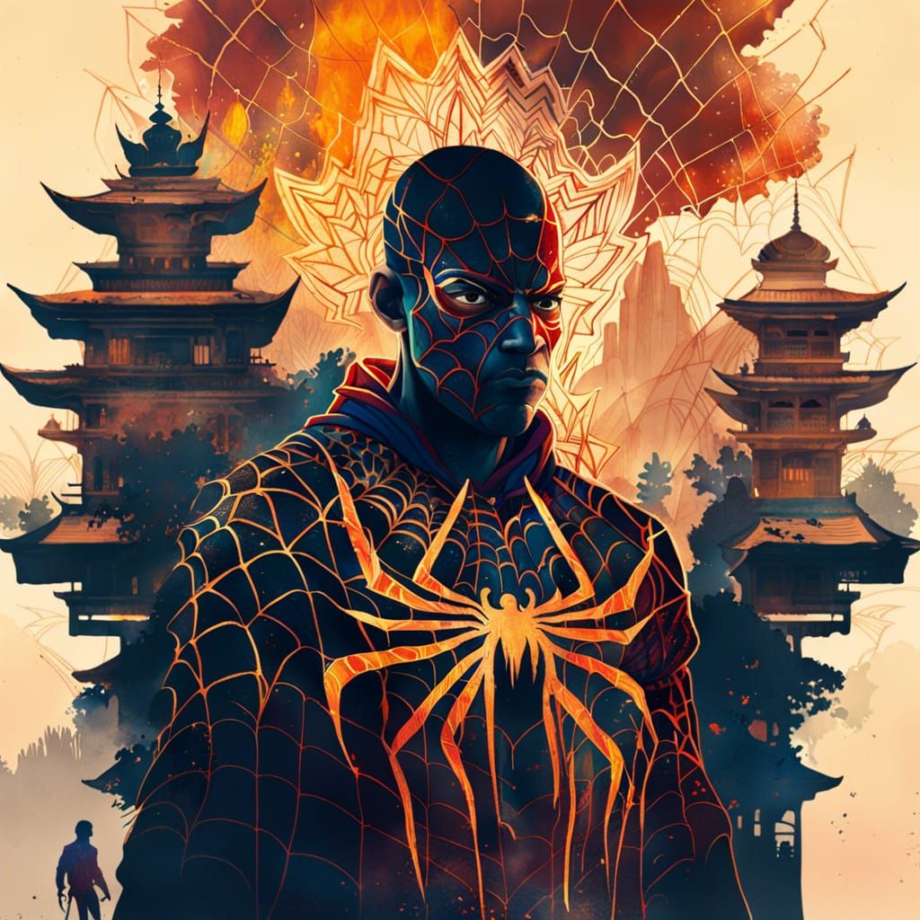 Indian Spiderman in Golden Light Amidst Burning Village and...