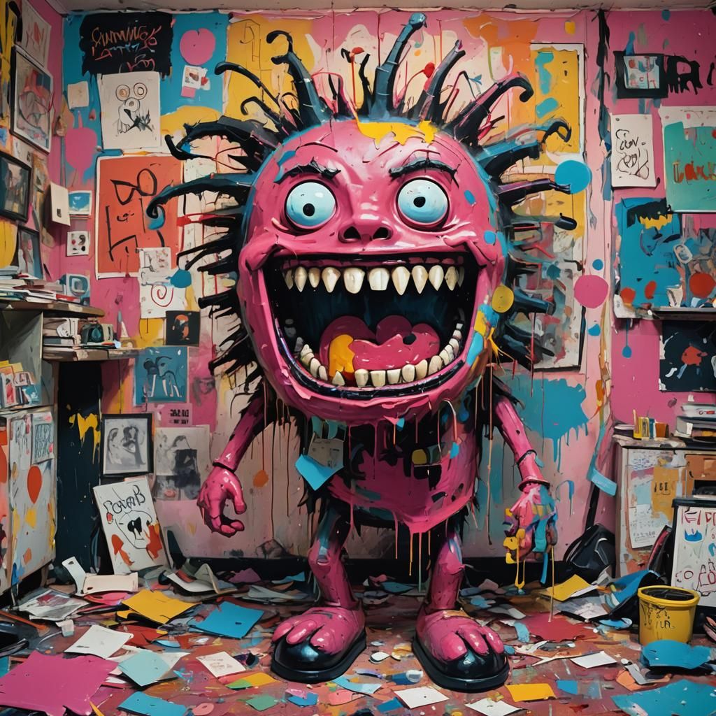Absurd Expressionist Creature in Messy Room